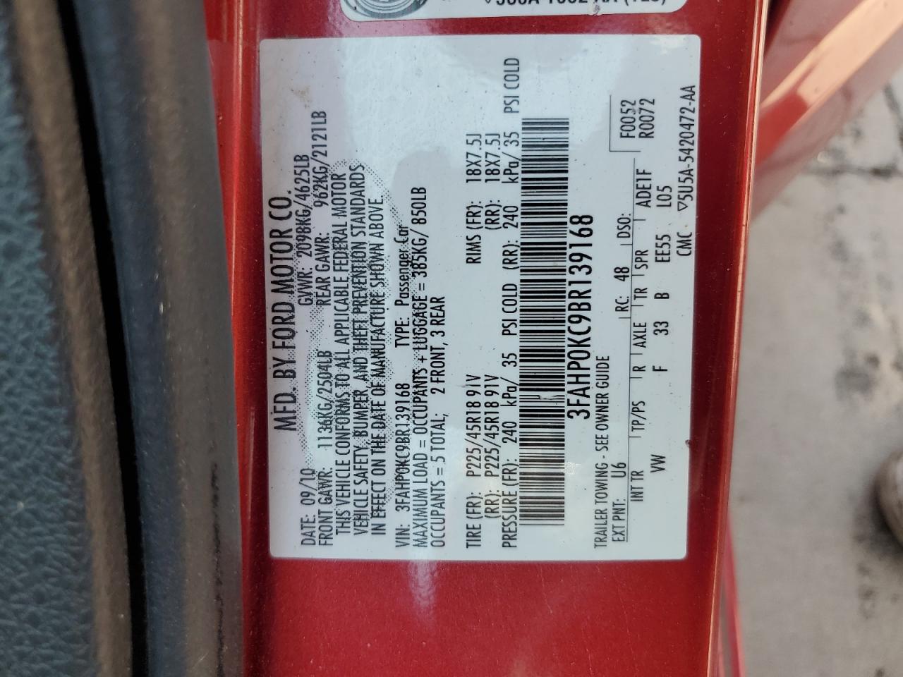 2011 Ford Fusion Sport VIN: 3FAHP0KC9BR139168 Lot: 67530175