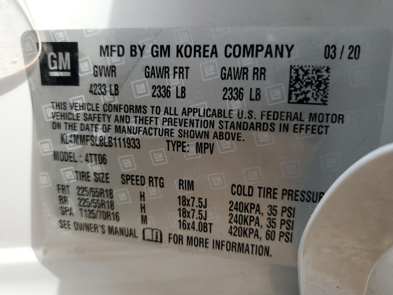 2020 Buick Encore Gx Essence VIN: KL4MMFSL8LB111933 Lot: 68094625