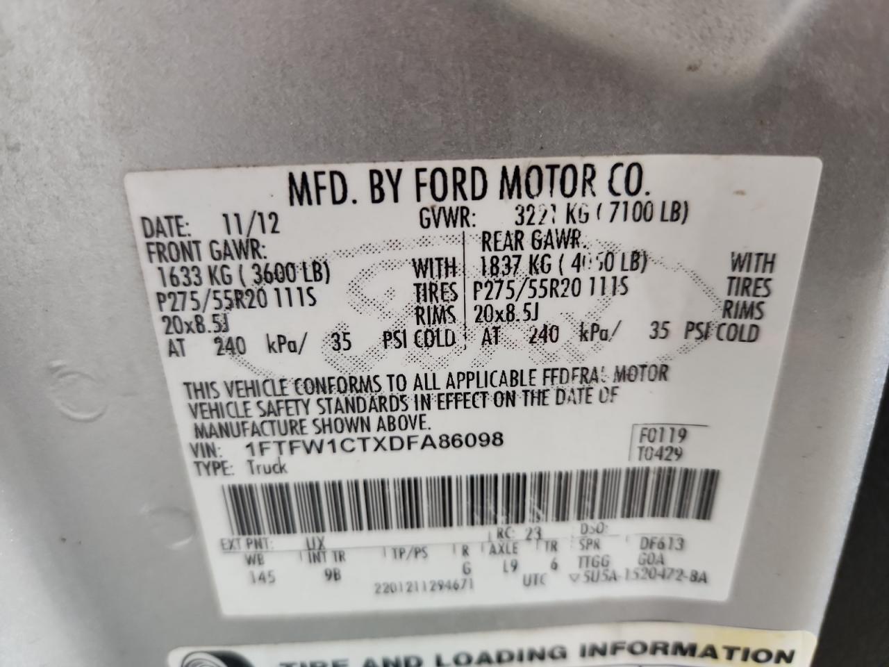 2013 Ford F150 Supercrew VIN: 1FTFW1CTXDFA86098 Lot: 70104215