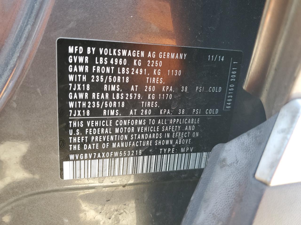 2015 Volkswagen Tiguan S VIN: WVGBV7AX0FW553215 Lot: 70423245