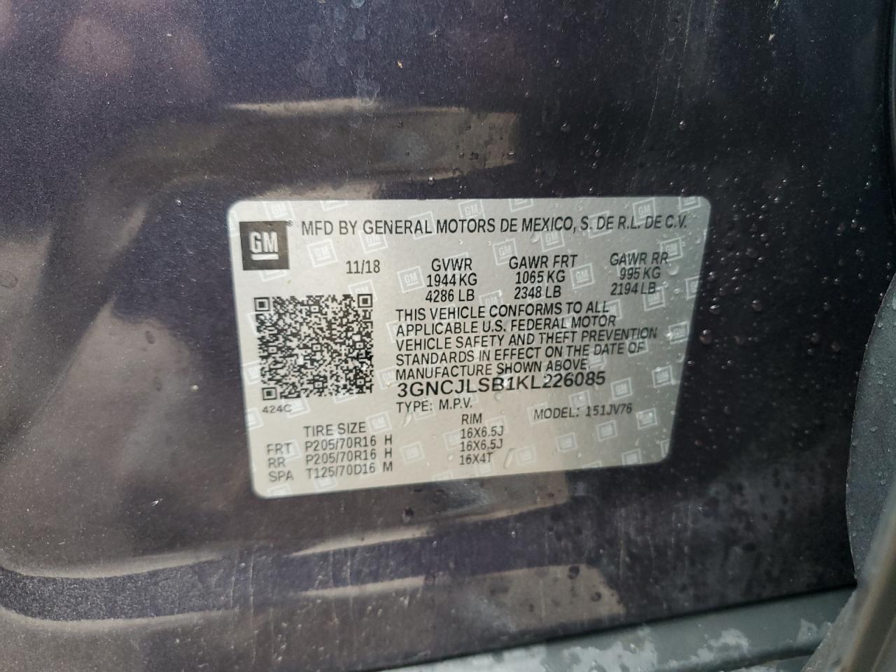 2019 Chevrolet Trax 1Lt VIN: 3GNCJLSB1KL226085 Lot: 70737705