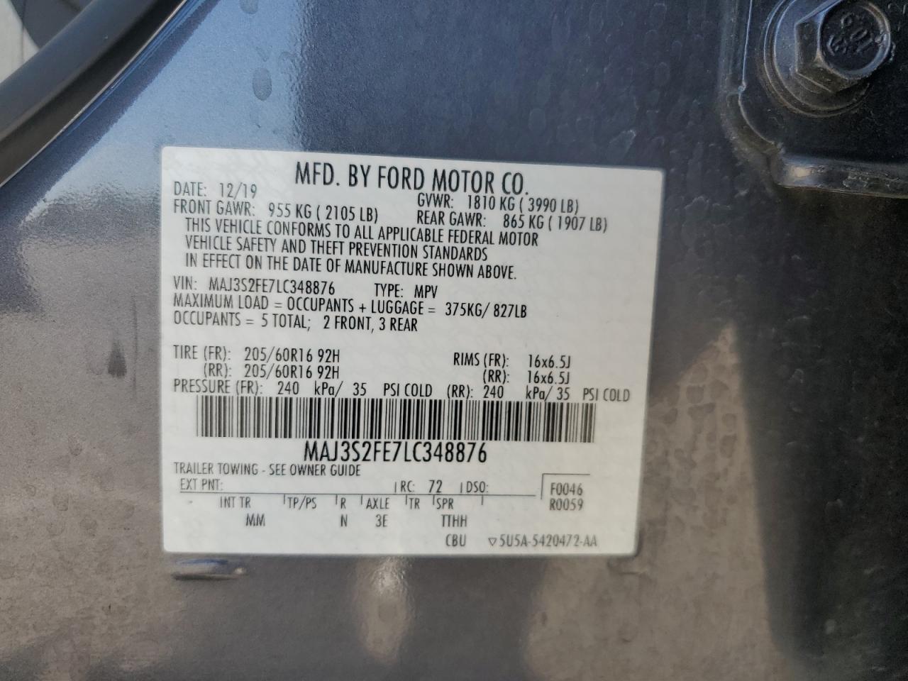 2020 Ford Ecosport S VIN: MAJ3S2FE7LC348876 Lot: 69632635