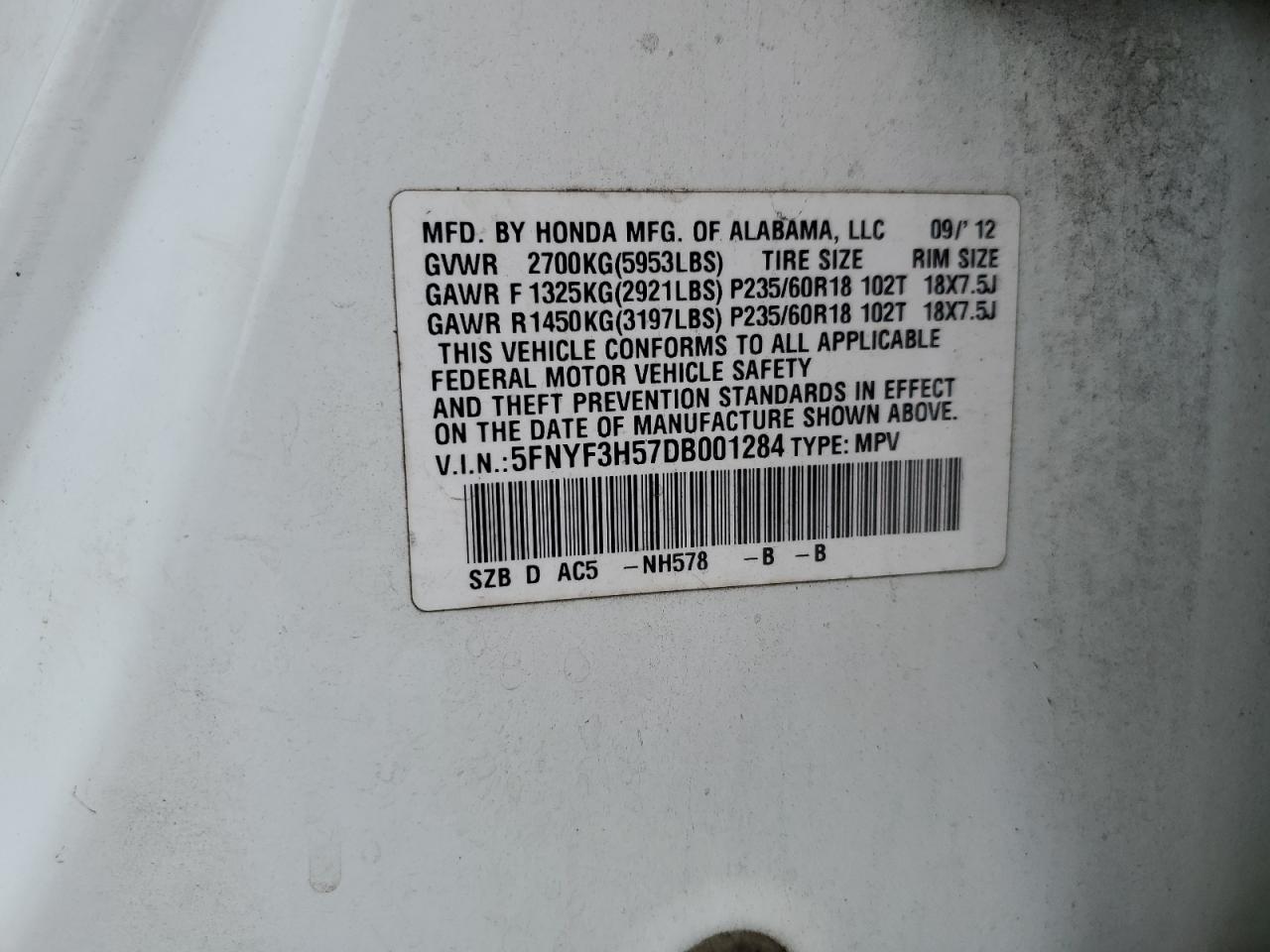 2013 Honda Pilot Exl VIN: 5FNYF3H57DB001284 Lot: 69580915