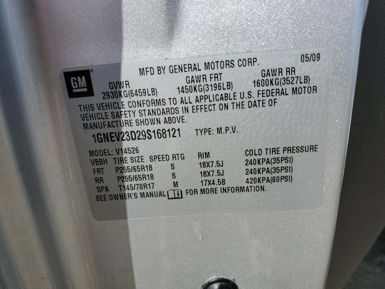 2009 Chevrolet Traverse Lt VIN: 1GNEV23D29S168121 Lot: 67918735