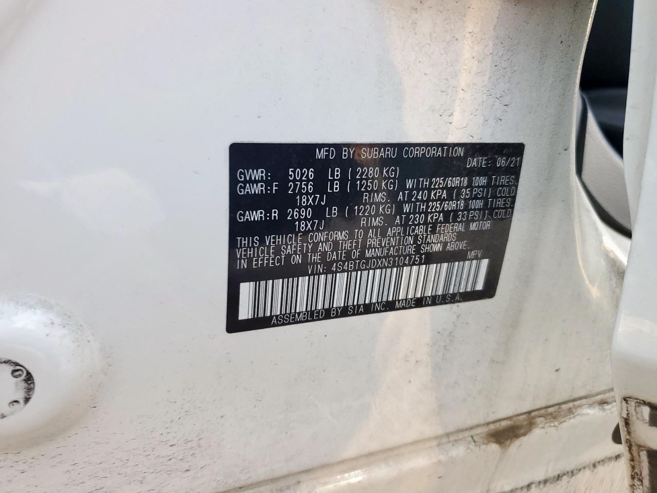 2022 Subaru Outback Onyx Edition Xt VIN: 4S4BTGJDXN3104751 Lot: 68103695