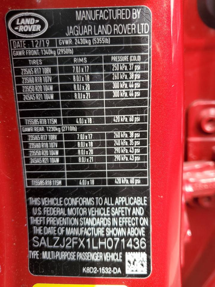 2020 Land Rover Range Rover Evoque S VIN: SALZJ2FX1LH071436 Lot: 69264465