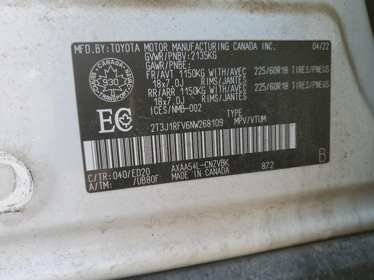 2022 Toyota Rav4 Adventure VIN: 2T3J1RFV6NW268109 Lot: 69185445