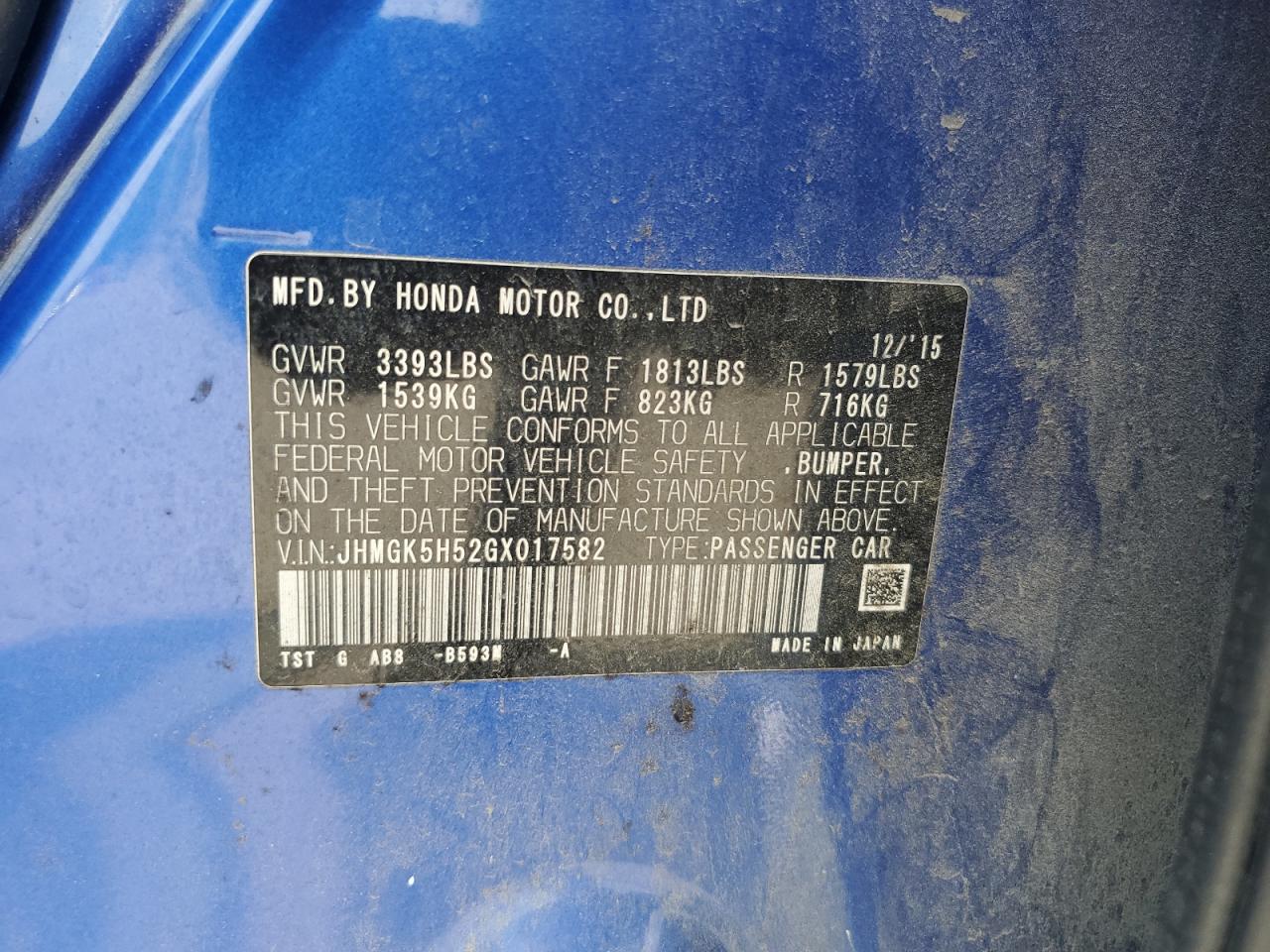 2016 Honda Fit Lx VIN: JHMGK5H52GX017582 Lot: 68834785