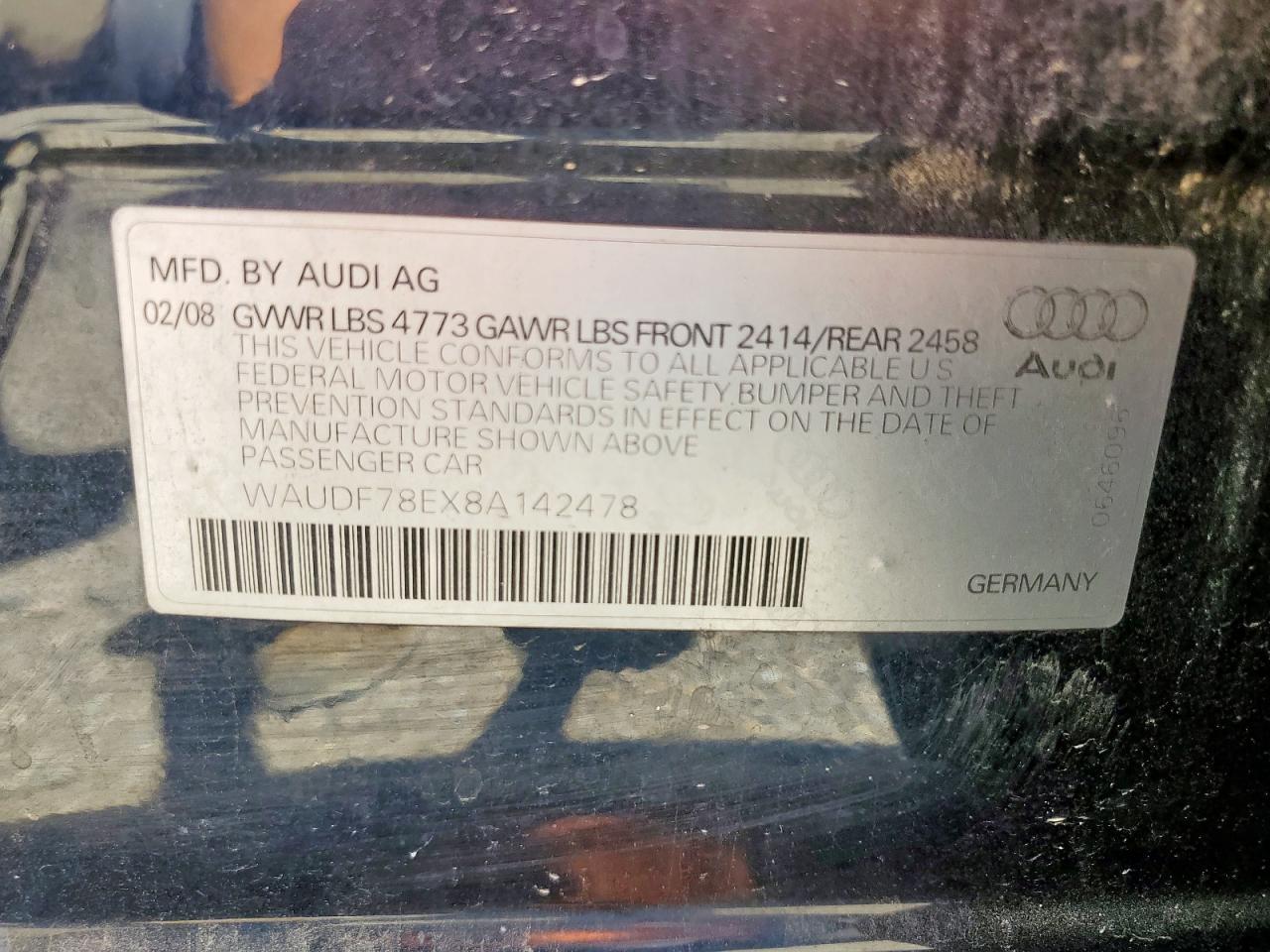 2008 Audi A4 2.0T Quattro VIN: WAUDF78EX8A142478 Lot: 70163005