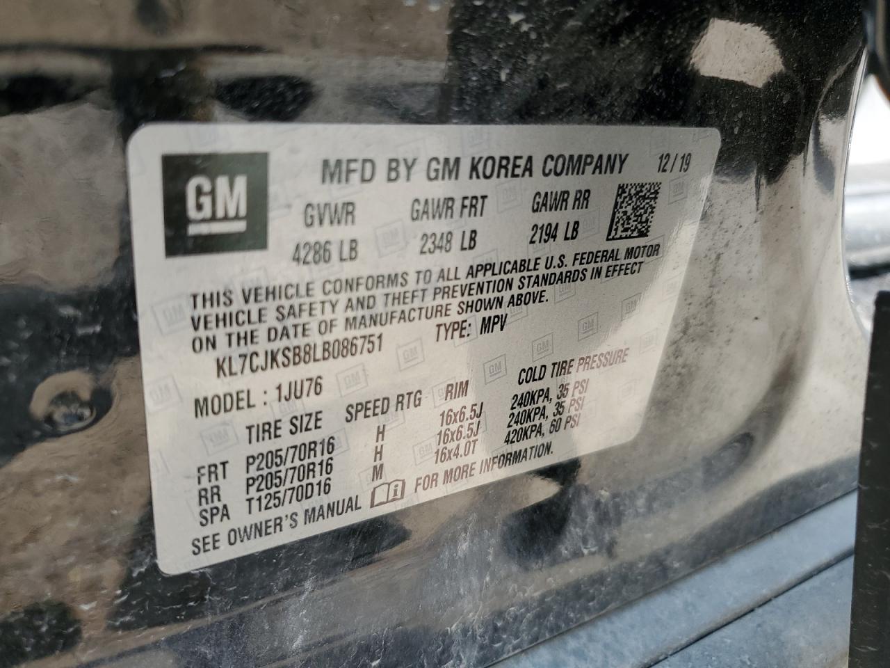 2020 Chevrolet Trax Ls VIN: KL7CJKSB8LB086751 Lot: 66858145