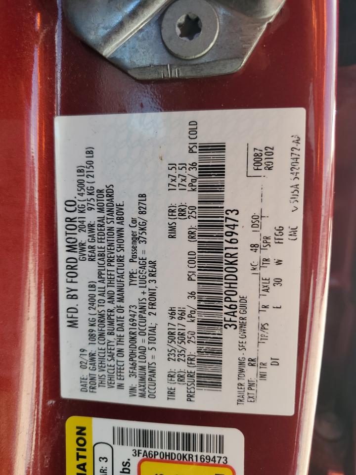 2019 Ford Fusion Se VIN: 3FA6P0HD0KR169473 Lot: 70494895