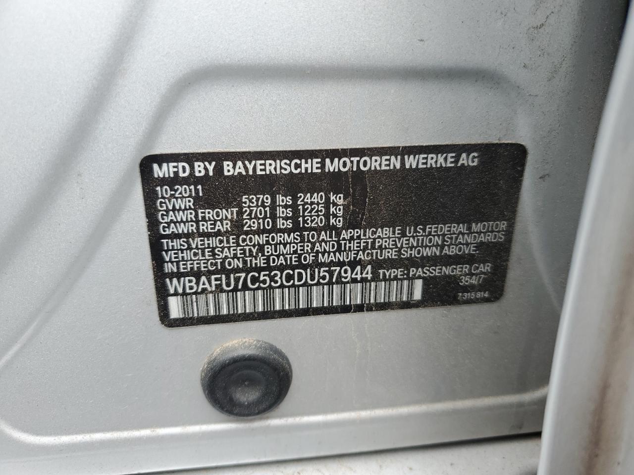 2012 BMW 535 Xi VIN: WBAFU7C53CDU57944 Lot: 69384215