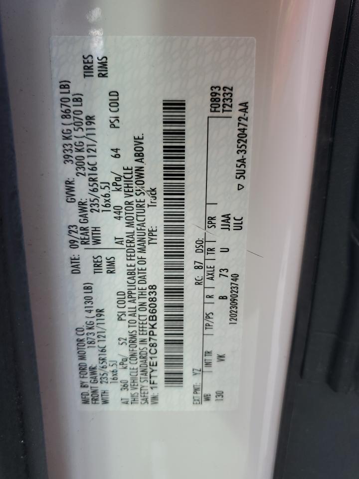 2023 Ford Transit T-150 VIN: 1FTYE1C87PKB60838 Lot: 68771865