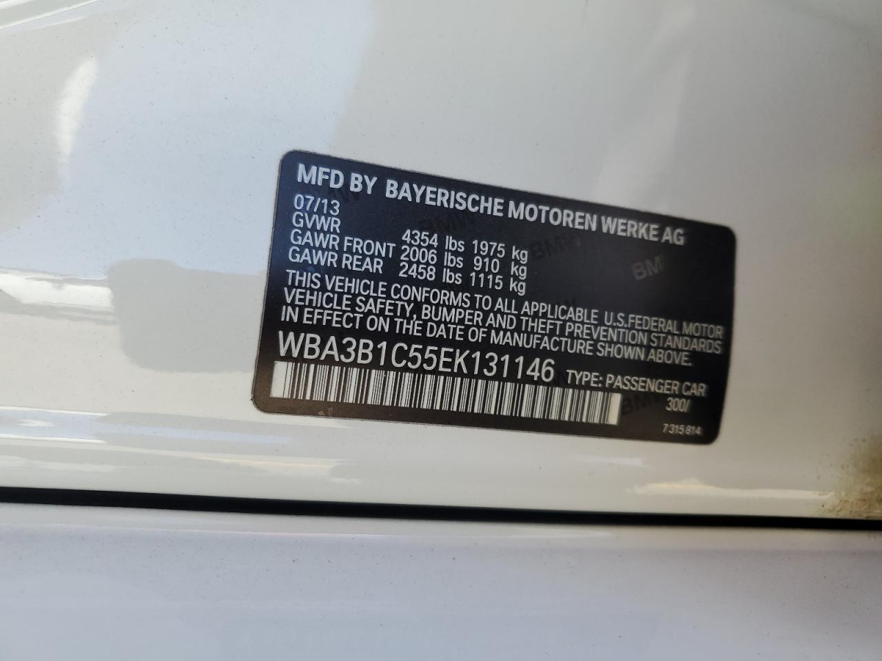 2014 BMW 320 I VIN: WBA3B1C55EK131146 Lot: 70703195
