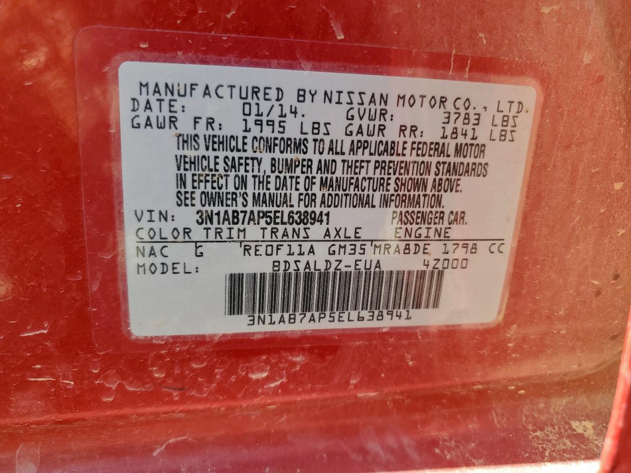 2014 Nissan Sentra S VIN: 3N1AB7AP5EL638941 Lot: 68042355