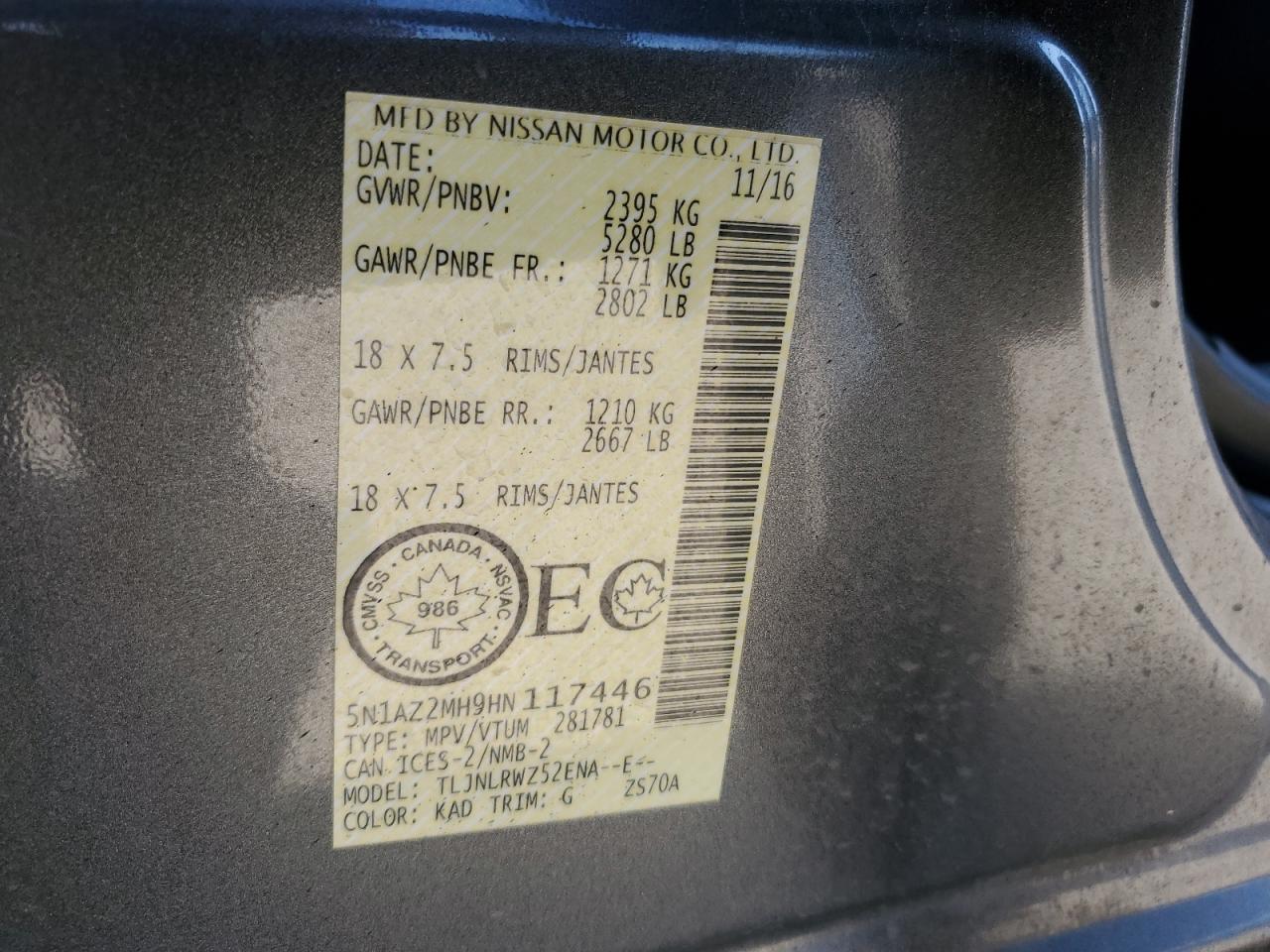 2017 Nissan Murano S VIN: 5N1AZ2MH9HN117446 Lot: 70473775