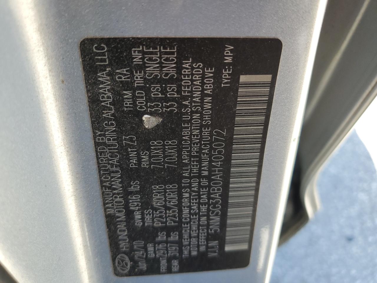 2010 Hyundai Santa Fe Gls VIN: 5NMSG3AB0AH405072 Lot: 70176135