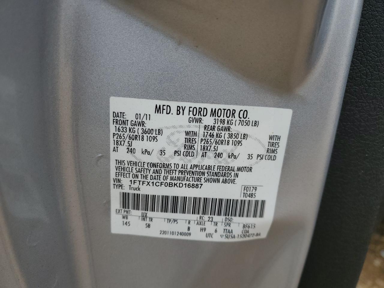 2011 Ford F150 Super Cab VIN: 1FTFX1CF0BKD16887 Lot: 67660875