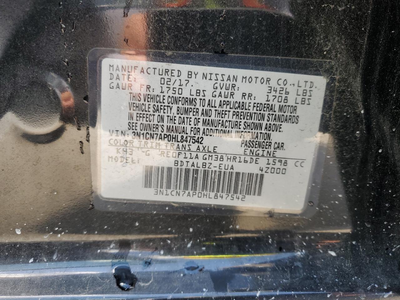 2017 Nissan Versa S VIN: 3N1CN7AP0HL847542 Lot: 69374635