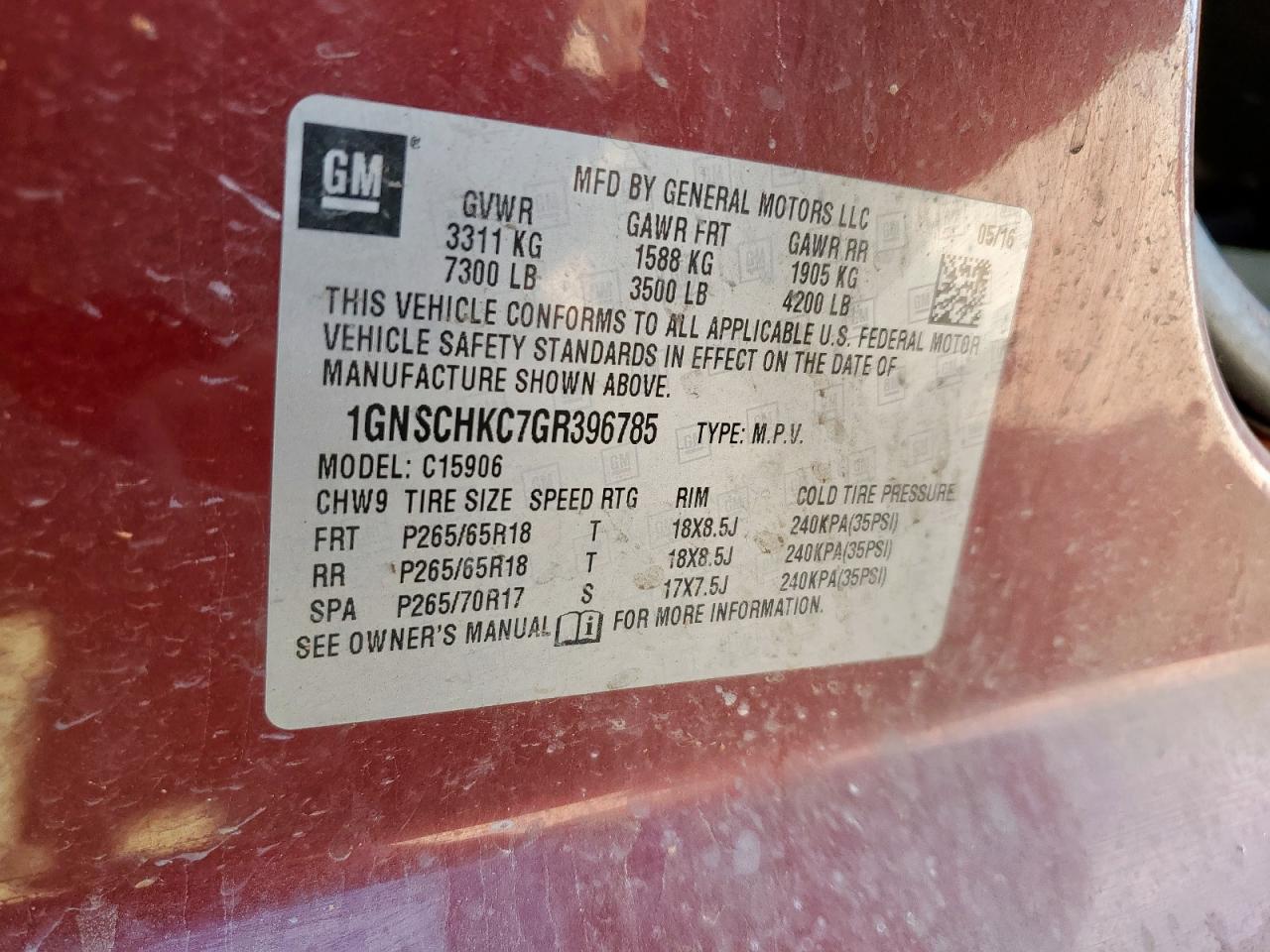 2016 Chevrolet Suburban C1500 Lt VIN: 1GNSCHKC7GR396785 Lot: 69123115