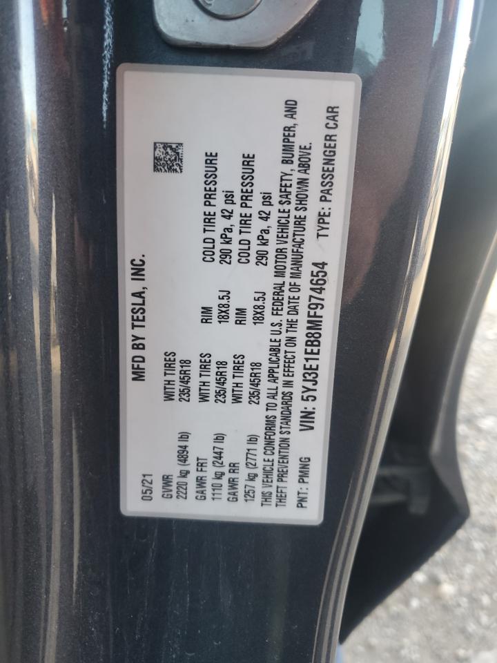 2021 Tesla Model 3 VIN: 5YJ3E1EB8MF974654 Lot: 68671025