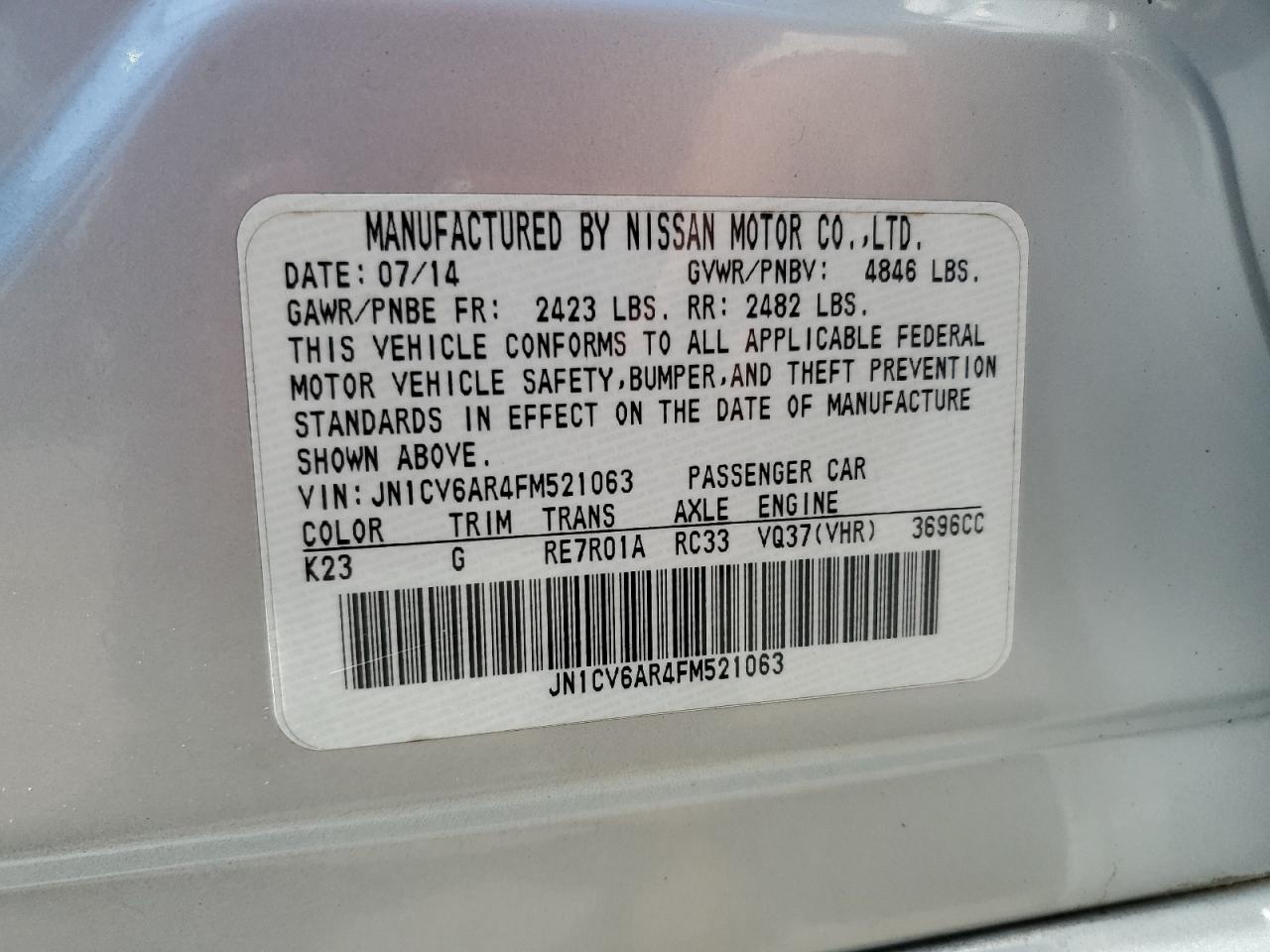 2015 Infiniti Q40 VIN: JN1CV6AR4FM521063 Lot: 68122425