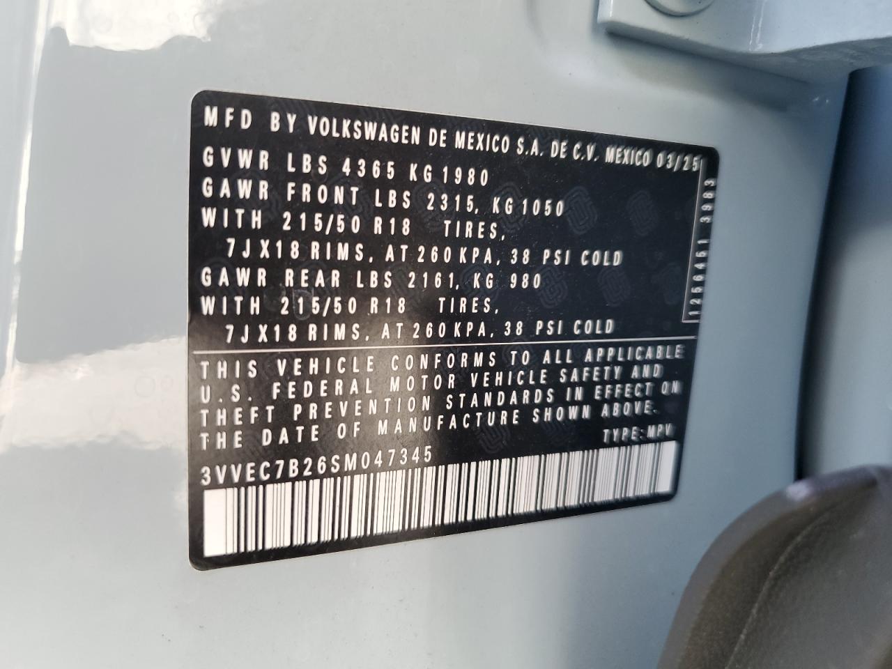 2025 Volkswagen Taos Se VIN: 3VVEC7B26SM047345 Lot: 69954595