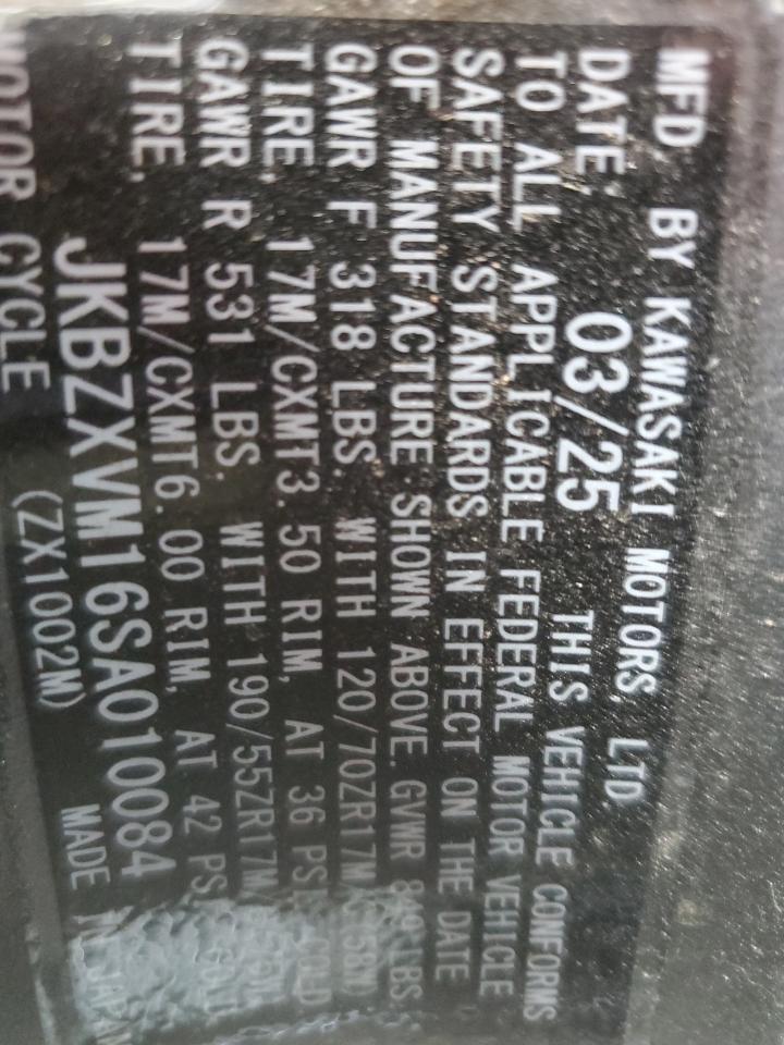 2025 Kawasaki Zx1002 M VIN: JKBZXVM16SA010084 Lot: 68818455