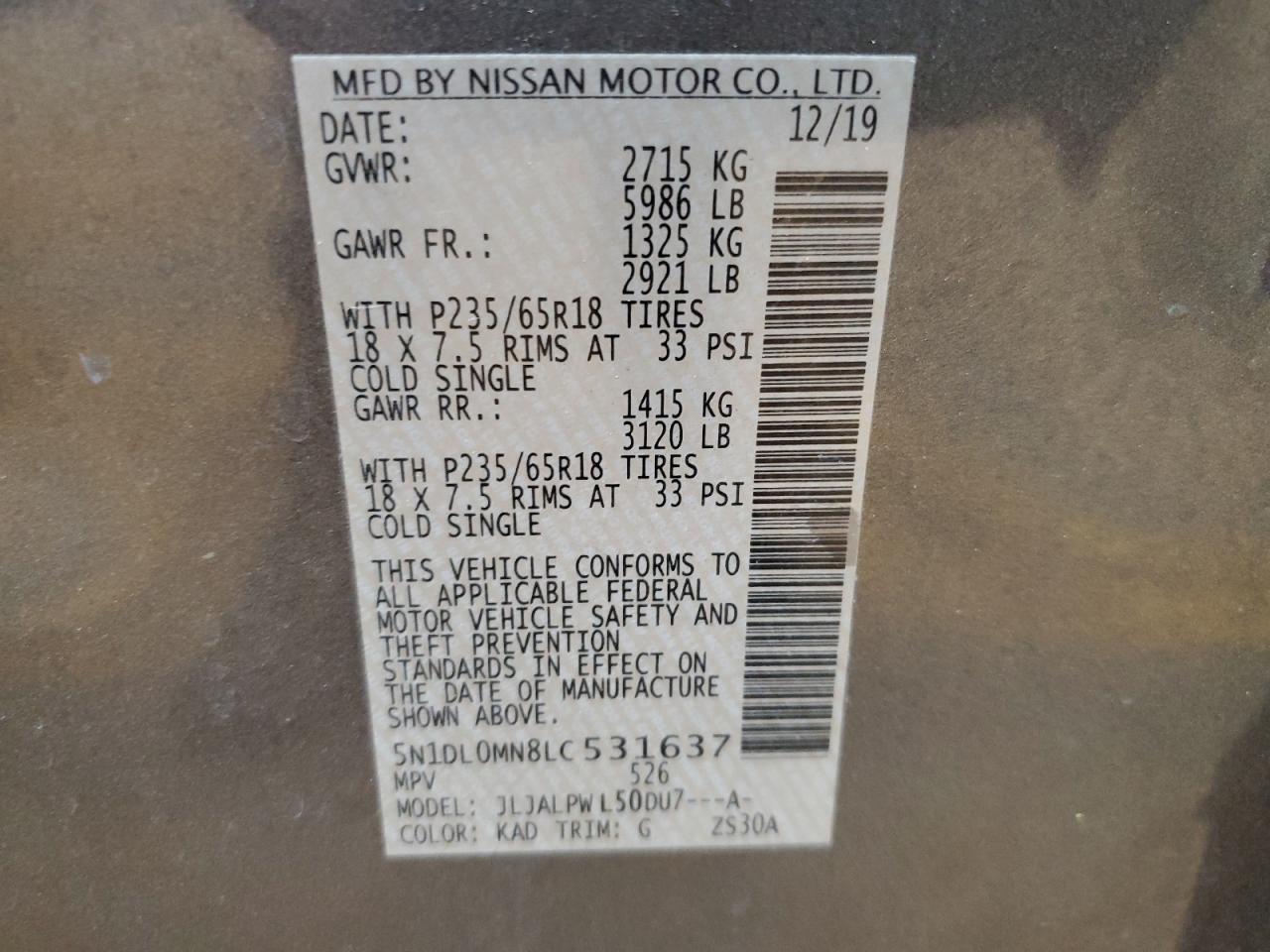 2020 Infiniti Qx60 Luxe VIN: 5N1DL0MN8LC531637 Lot: 70918575