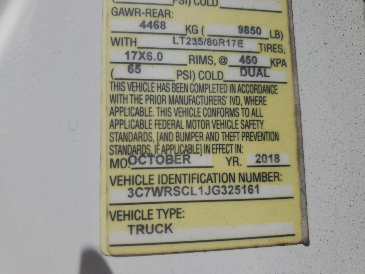 2018 Ram 3500 VIN: 3C7WRSCL1JG325161 Lot: 68347165