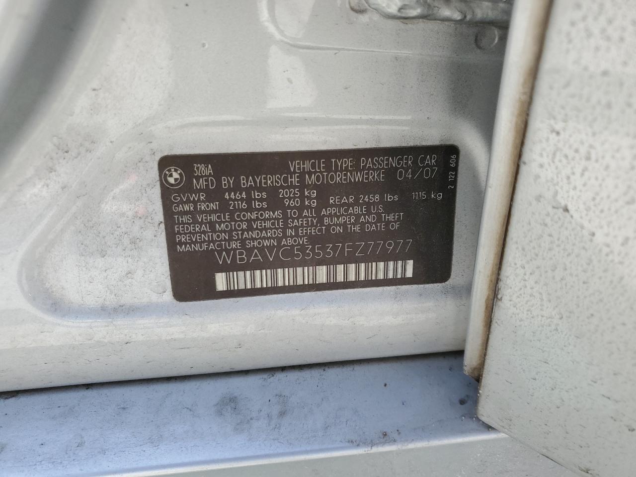 2007 BMW 328 I Sulev VIN: WBAVC53537FZ77977 Lot: 67486285