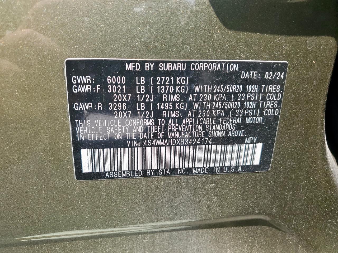 2024 Subaru Ascent Onyx Edition VIN: 4S4WMAHDXR3424174 Lot: 70757085