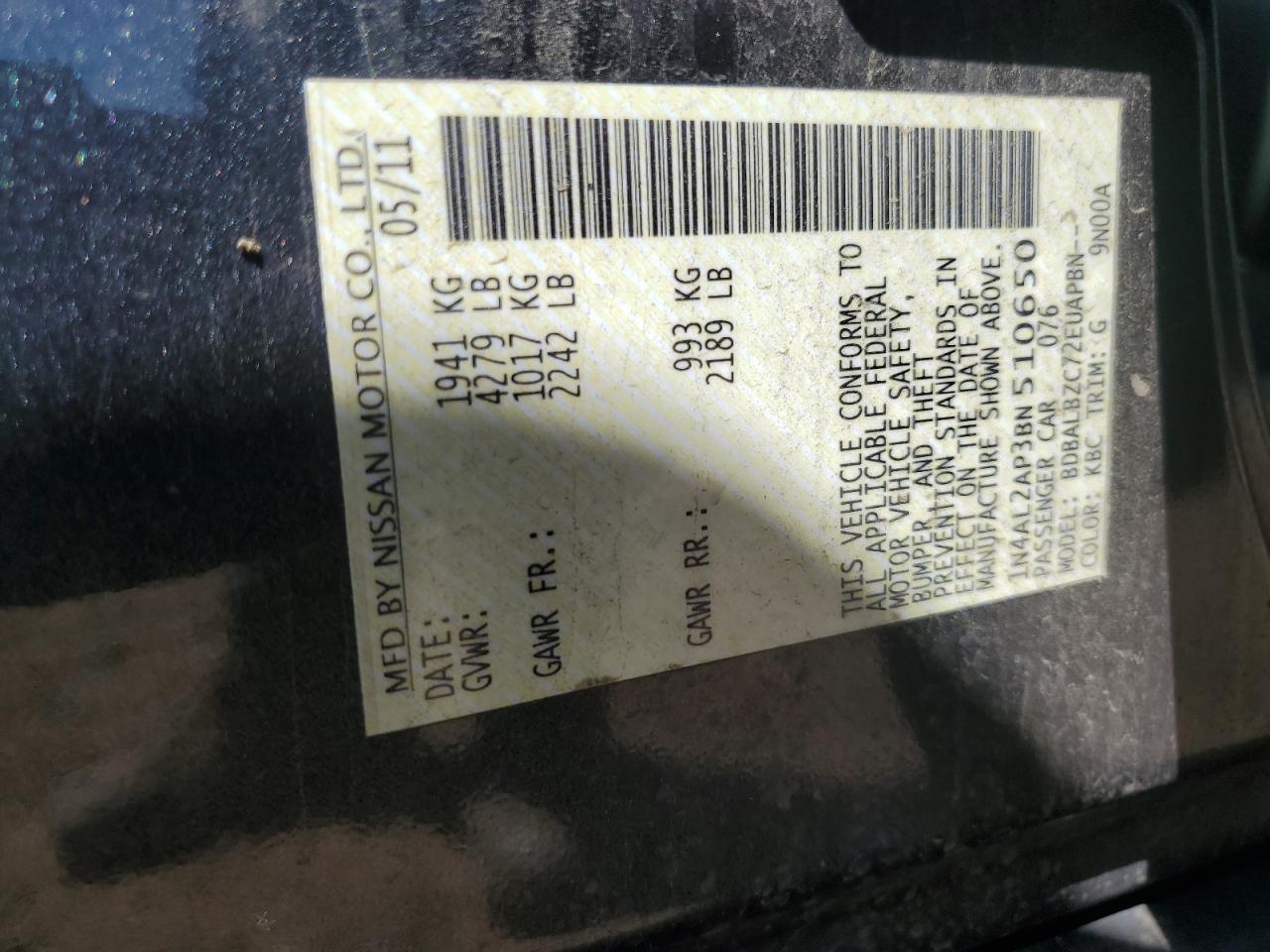 2011 Nissan Altima Base VIN: 1N4AL2AP3BN510650 Lot: 68653275