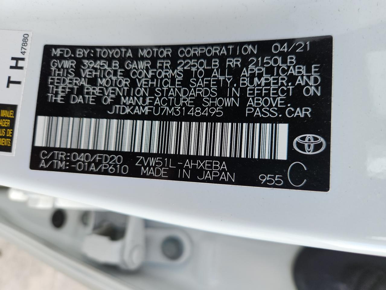 2021 Toyota Prius Special Edition VIN: JTDKAMFU7M3148495 Lot: 70766105