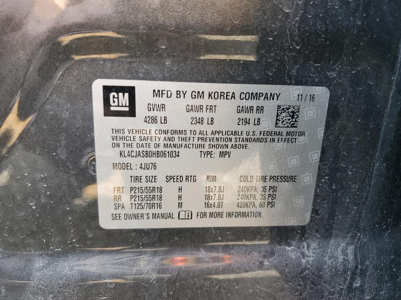 2017 Buick Encore Preferred VIN: KL4CJASB0HB061034 Lot: 67233925