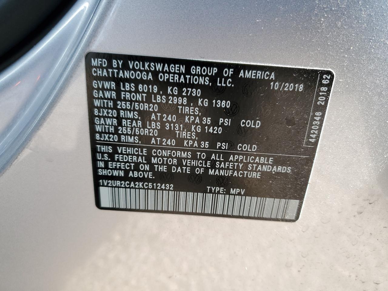 2019 Volkswagen Atlas Se VIN: 1V2UR2CA2KC512432 Lot: 68216835