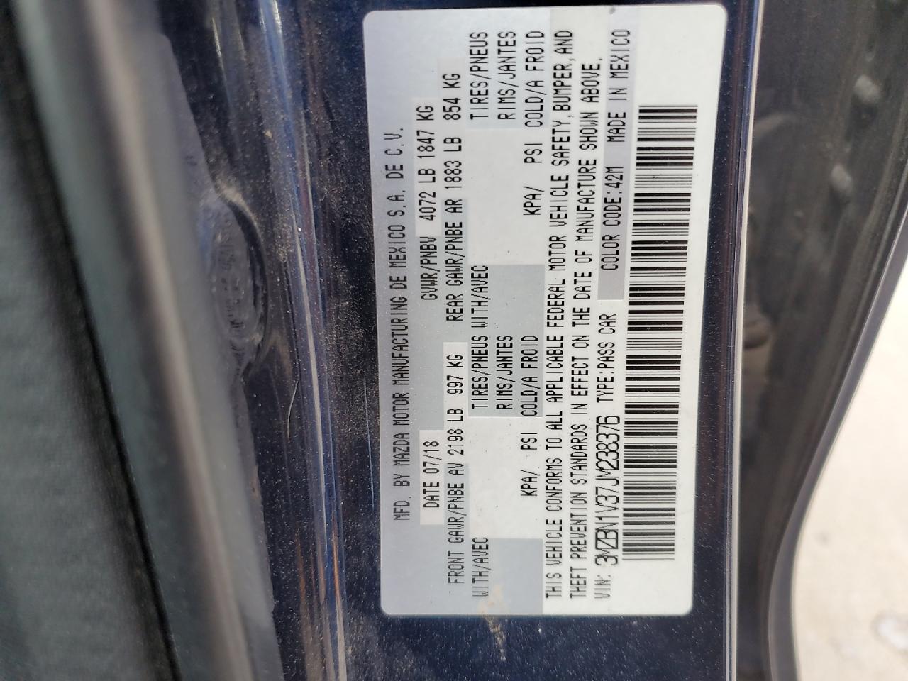 2018 Mazda 3 Touring VIN: 3MZBN1V37JM238376 Lot: 69600915