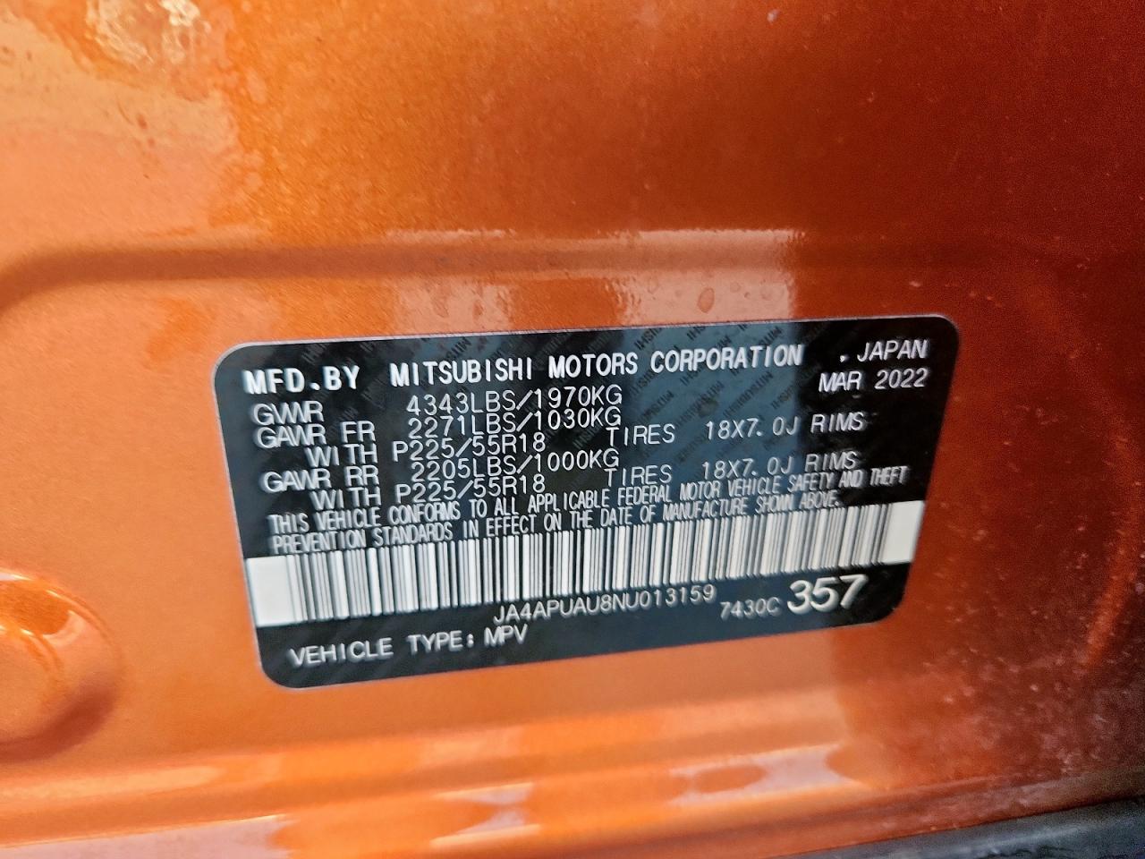 2022 Mitsubishi Outlander Sport Es VIN: JA4APUAU8NU013159 Lot: 67684395