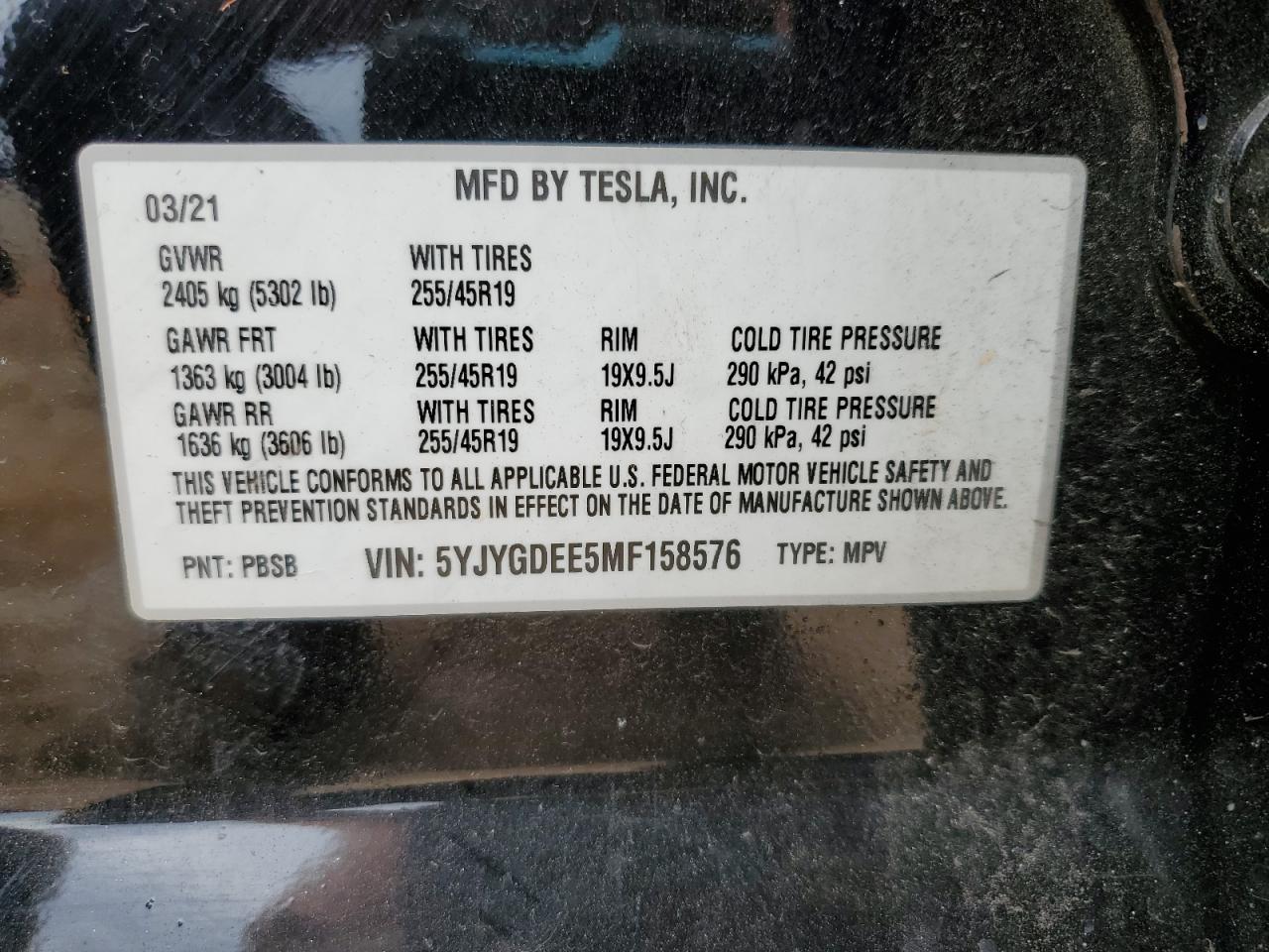 2021 Tesla Model Y VIN: 5YJYGDEE5MF158576 Lot: 70321745