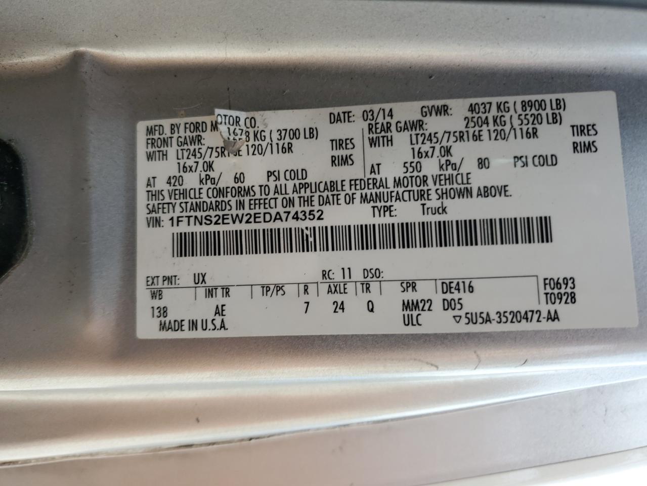 2014 Ford Econoline E250 Van VIN: 1FTNS2EW2EDA74352 Lot: 70581845