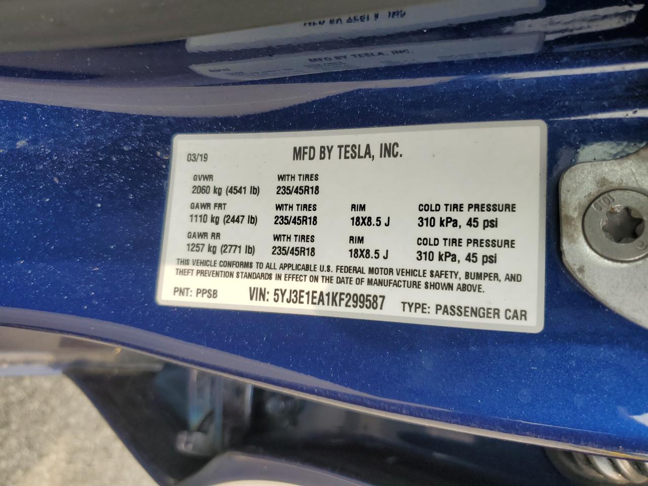 2019 Tesla Model 3 VIN: 5YJ3E1EA1KF299587 Lot: 67464055