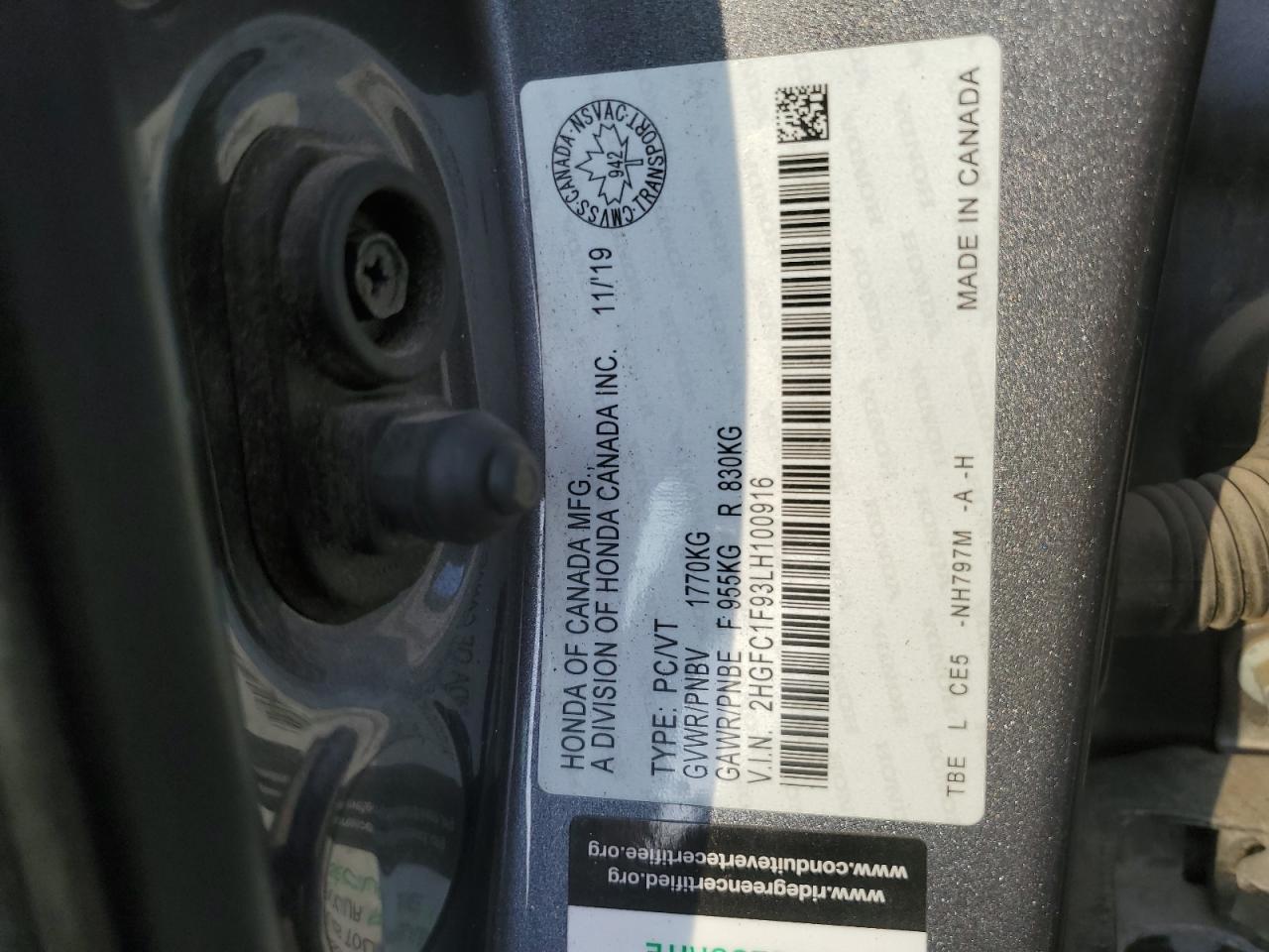 2020 Honda Civic Touring VIN: 2HGFC1F93LH100916 Lot: 67587895