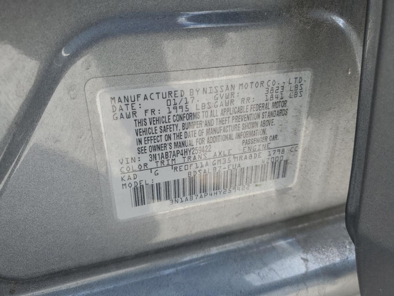 2017 Nissan Sentra S VIN: 3N1AB7AP4HY259422 Lot: 70873445