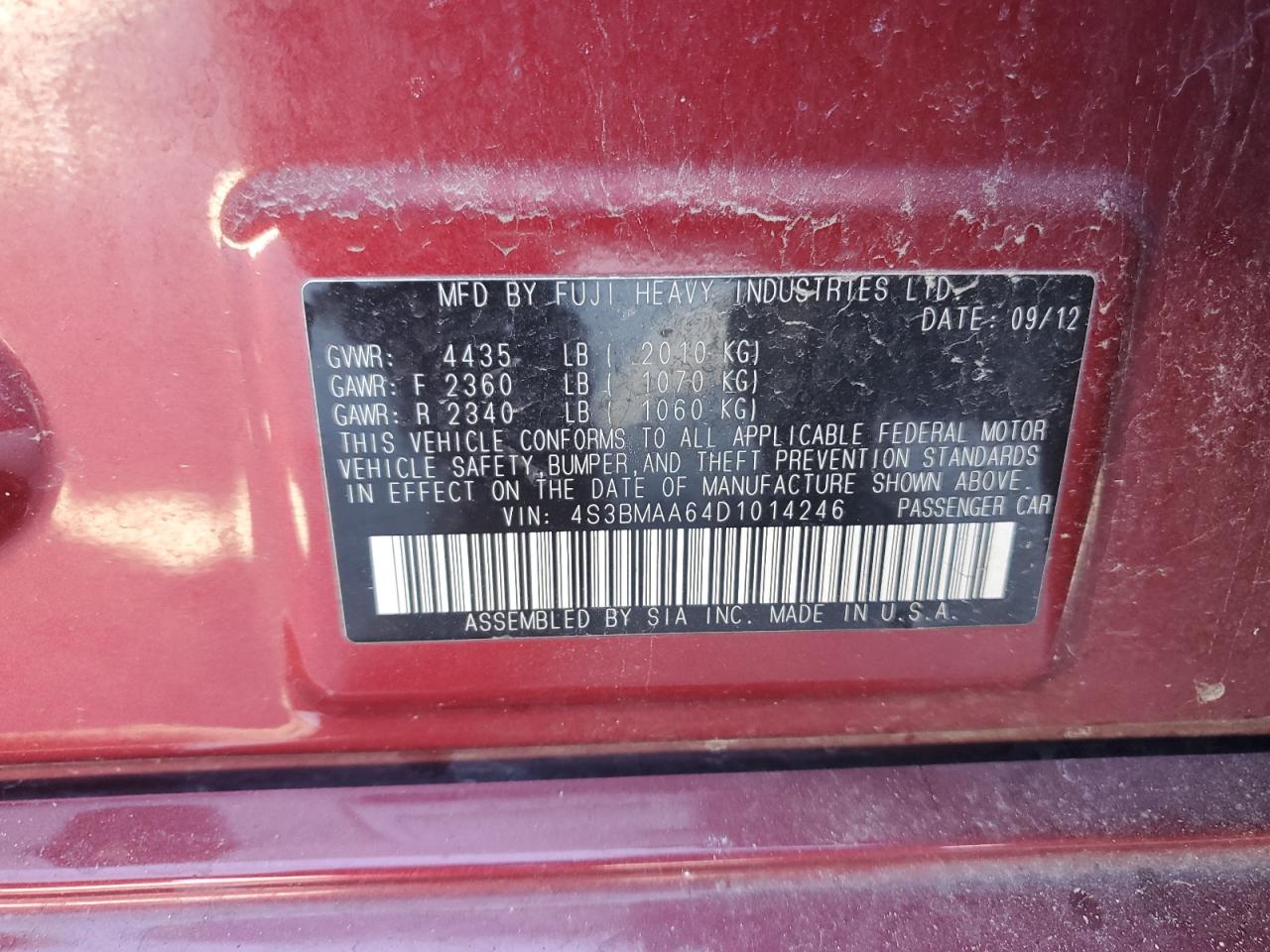 2013 Subaru Legacy 2.5I VIN: 4S3BMAA64D1014246 Lot: 70294345