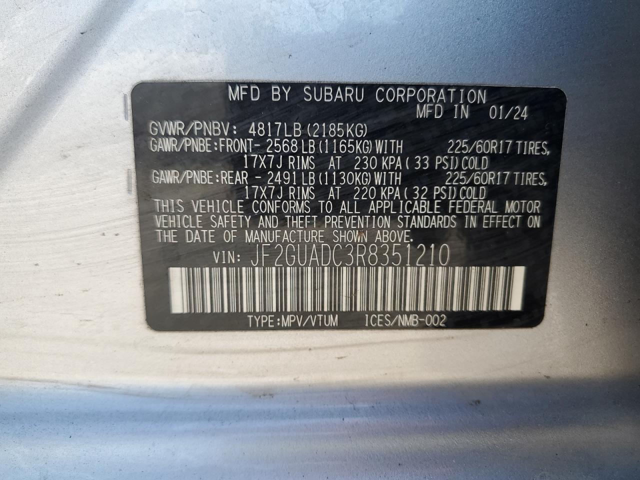 2024 Subaru Crosstrek Premium VIN: JF2GUADC3R8351210 Lot: 68181005