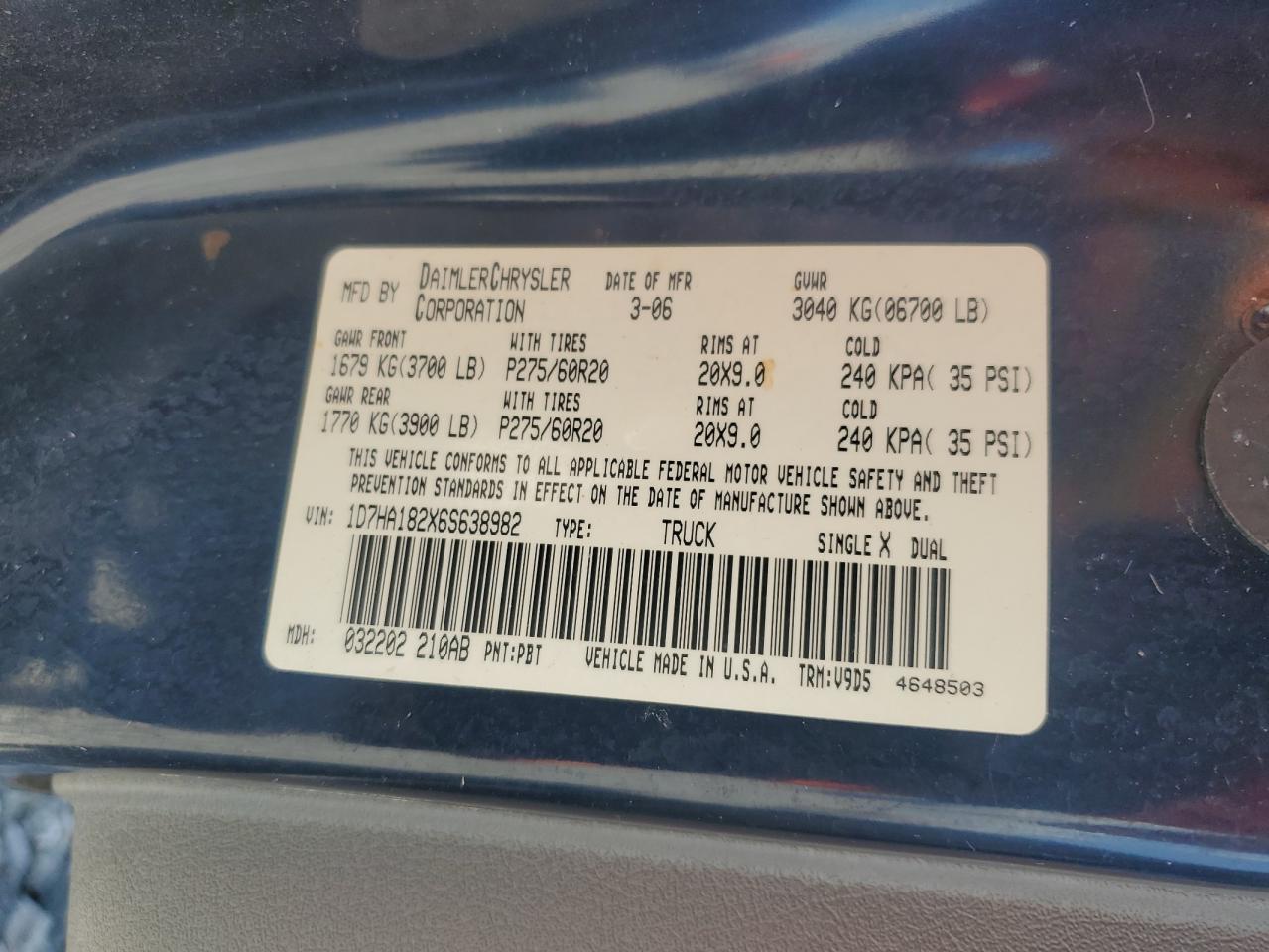 2006 Dodge Ram 1500 St VIN: 1D7HA182X6S638982 Lot: 71055595