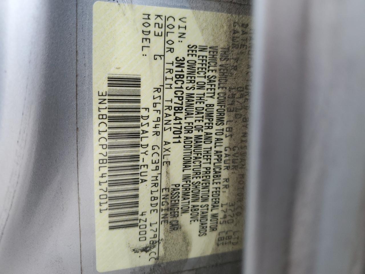 2011 Nissan Versa S VIN: 3N1BC1CP7BL417011 Lot: 68865475