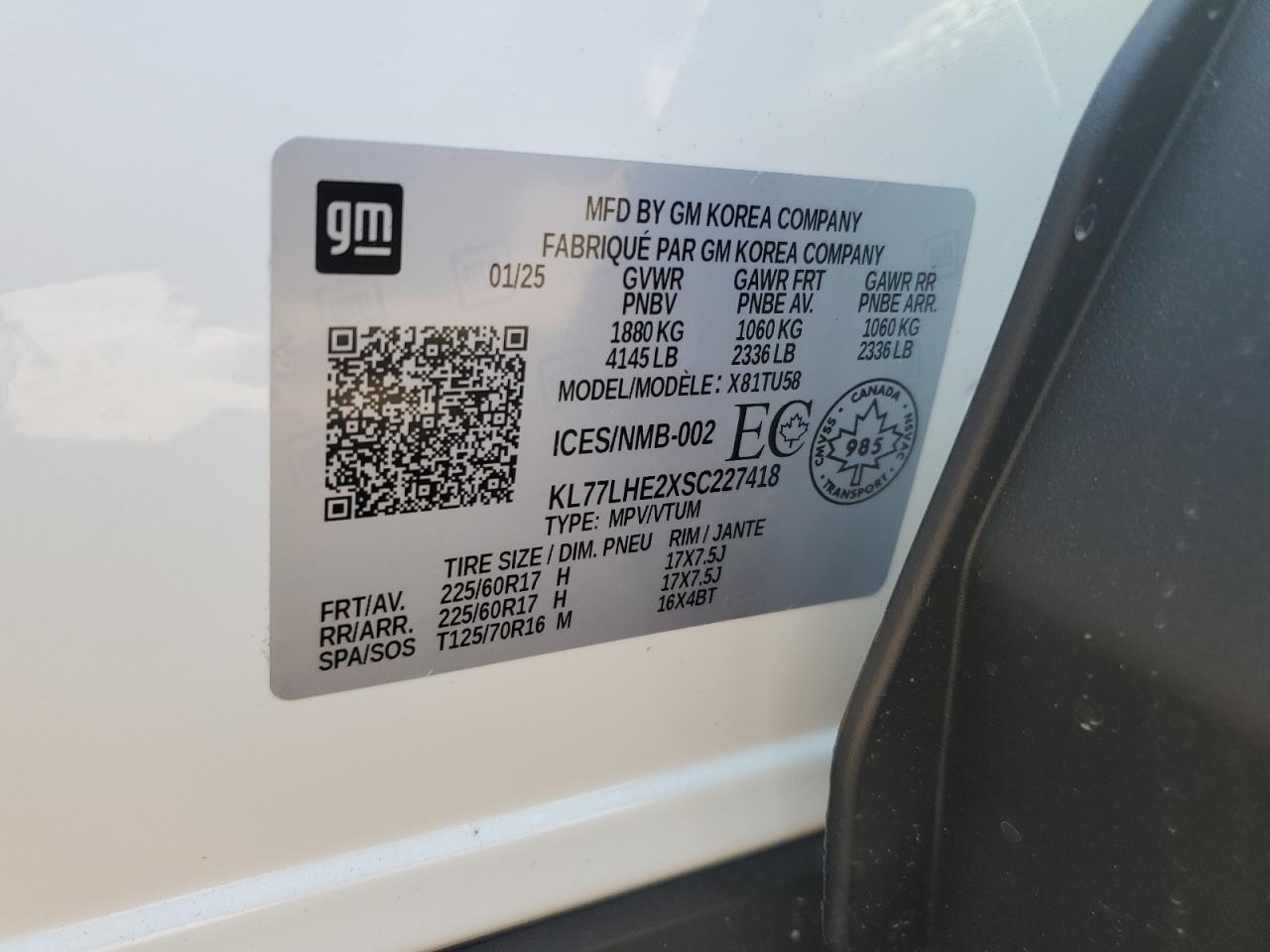 2025 Chevrolet Trax 1Lt VIN: KL77LHE2XSC227418 Lot: 69124135