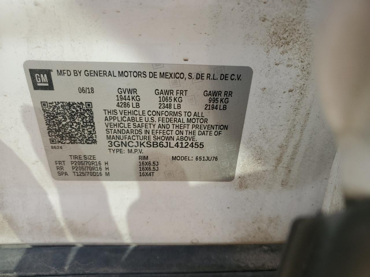 2018 Chevrolet Trax Ls VIN: 3GNCJKSB6JL412455 Lot: 68935915