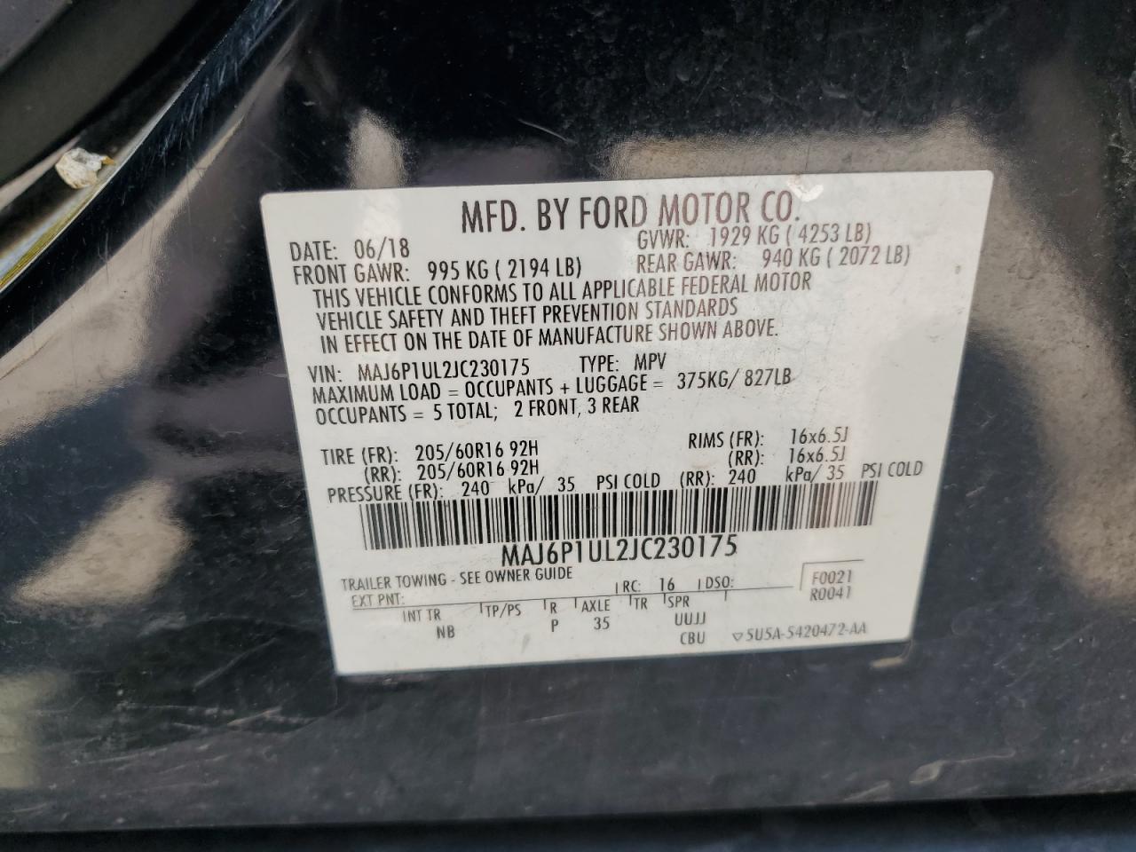 2018 Ford Ecosport Se VIN: MAJ6P1UL2JC230175 Lot: 68308315